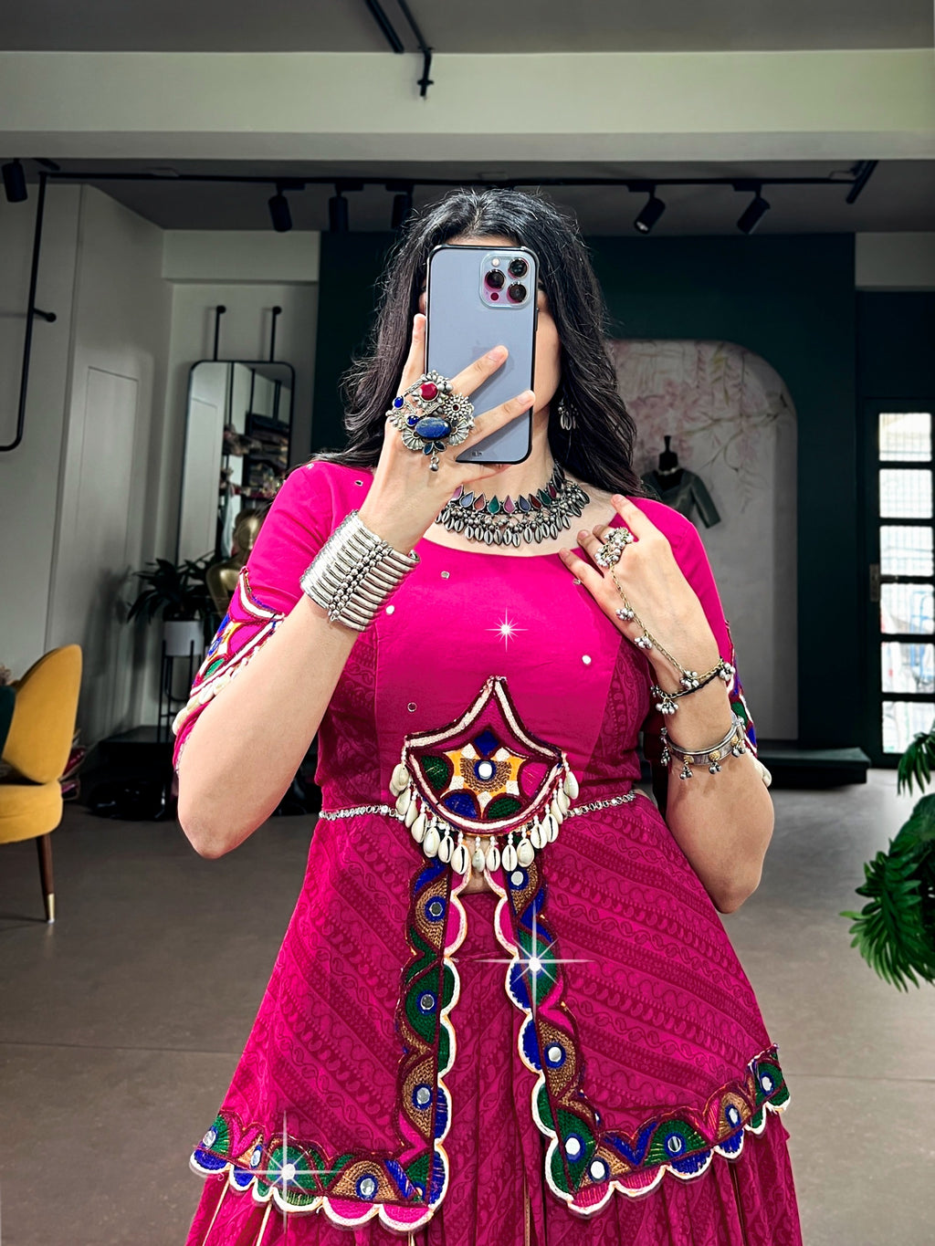Navratri 2026 Georgette Printed Gota Patti Lehenga with Gamthi Mirror Lace Blouse