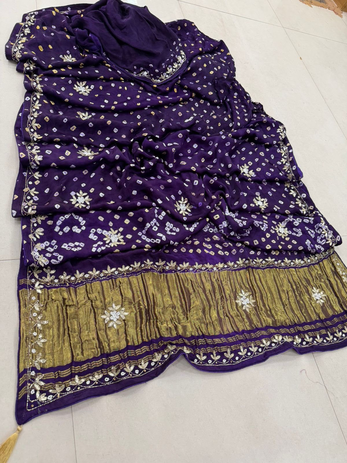 Gaji Silk Original Bandhani With Gota Pati Hand Work Saree