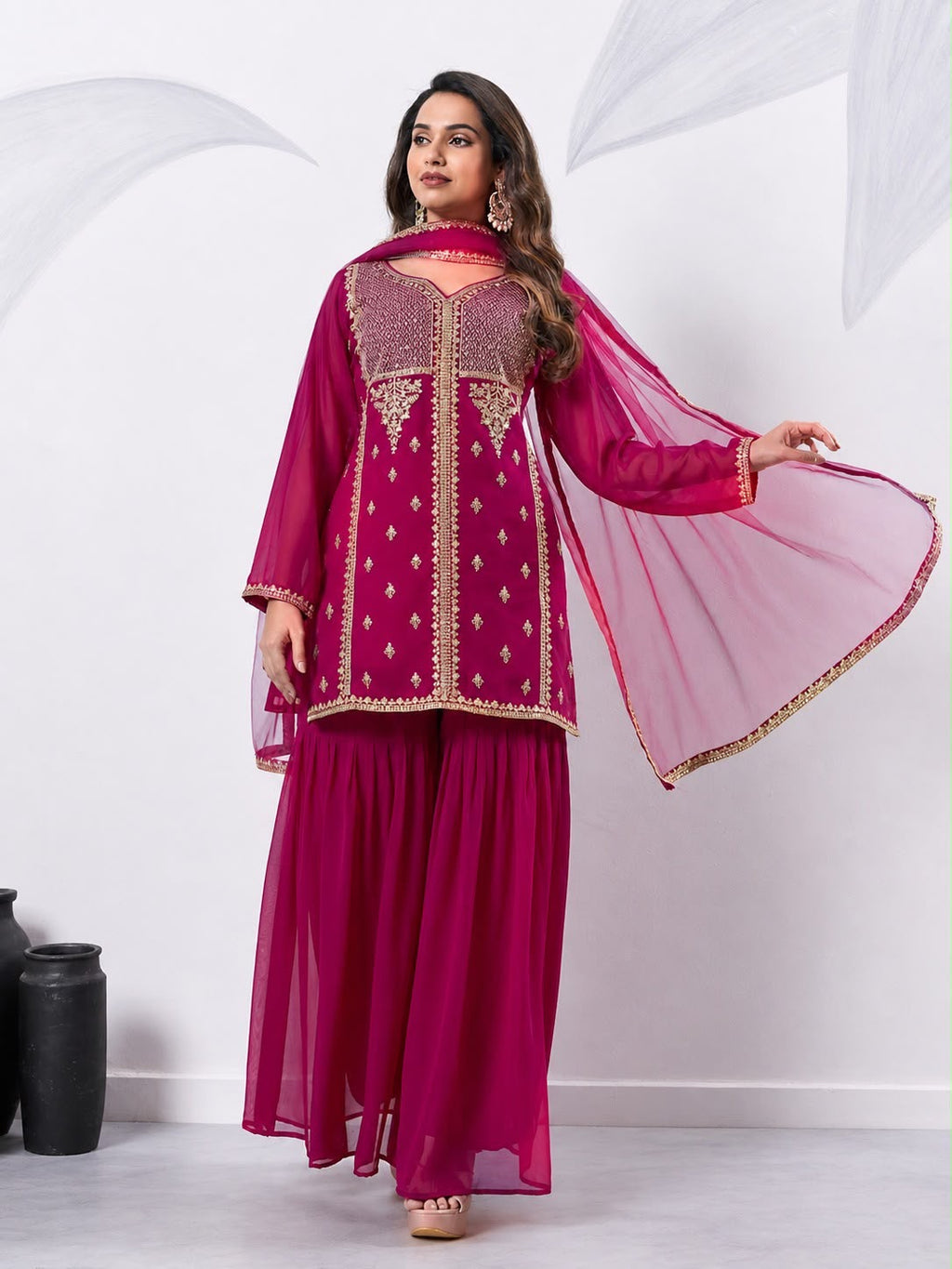 Embroidered Top, Palazzo & Dupatta Set