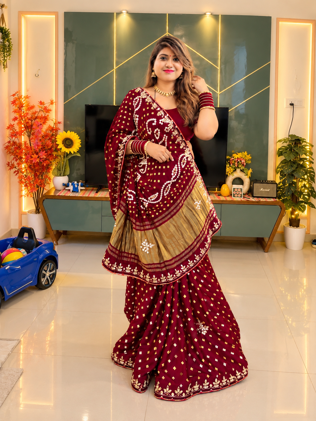 Gaji Silk Original Bandhani With Gota Pati Hand Work Saree