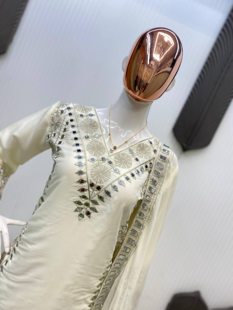 Embroidery & Real Mirror Work Top, Palazzo & Dupatta Set