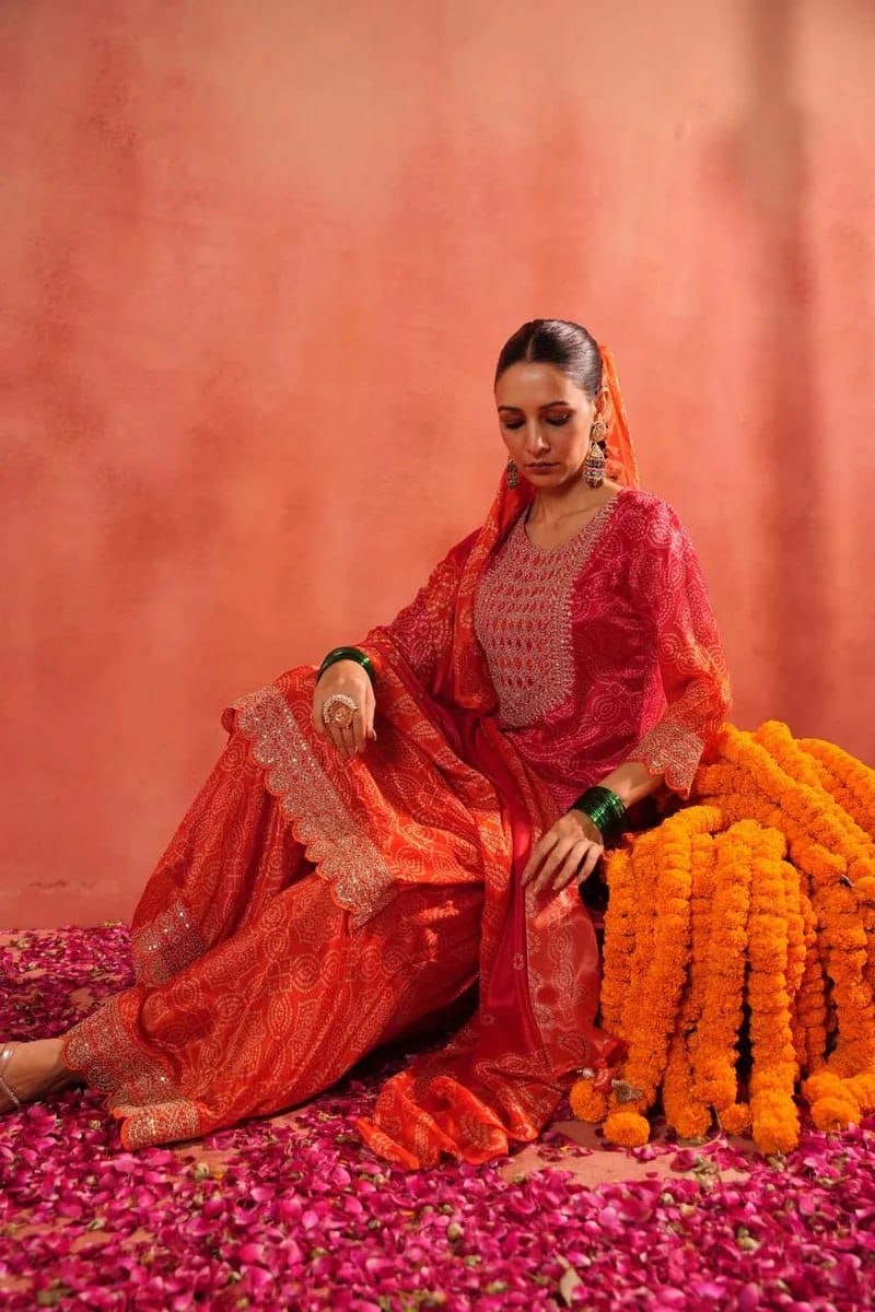 Festive & Party Wear Bandhej Print Top, Sharara & Dupatta Set