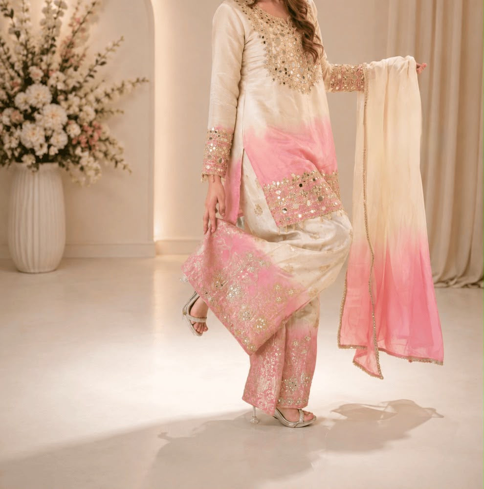 Real Mirror Embroidery Work Top, Palazzo & Dupatta Set