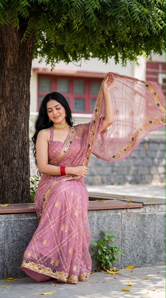 Rajwadi Original Thakur Ji Georgette Sequin Work Saree