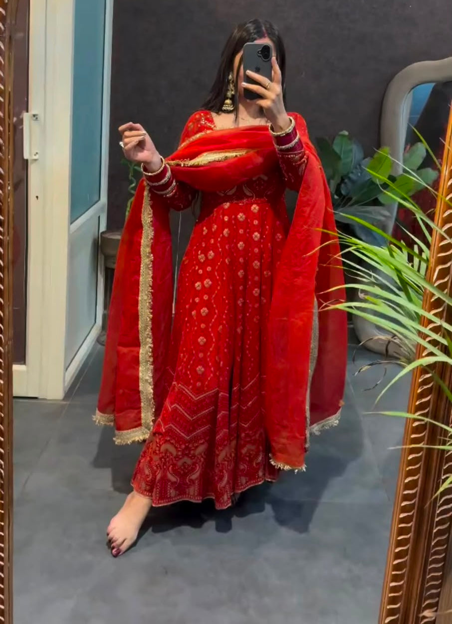 Thread & Sequin Work Gown, Pant & Dupatta Set
