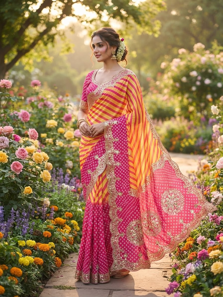 Chinon Digital Lehriya Gotafoil Work Saree