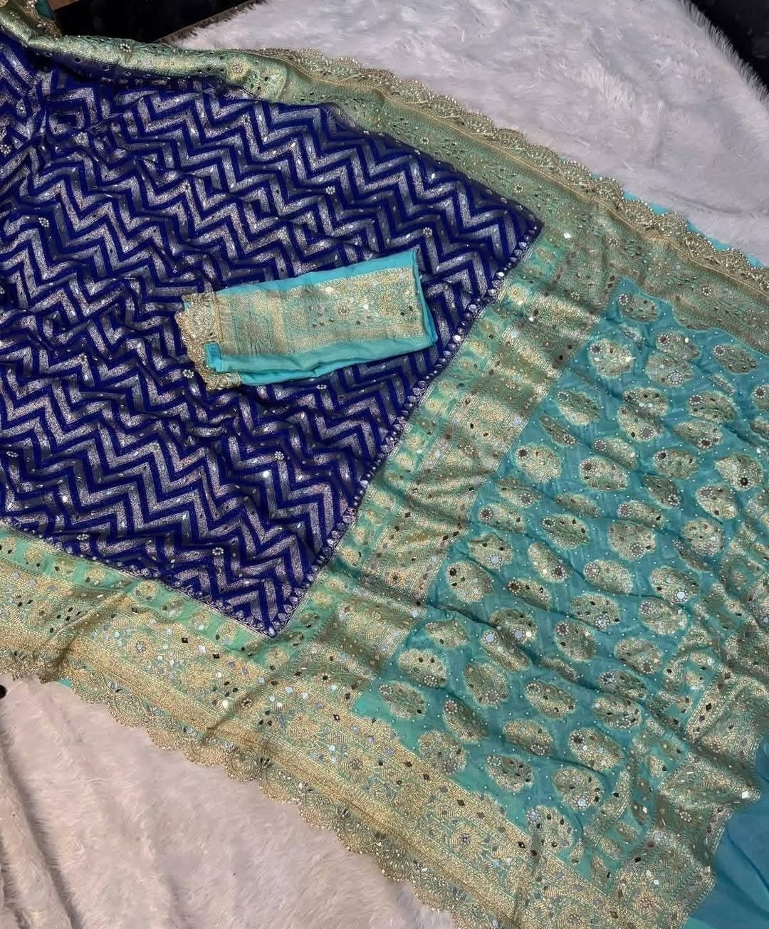 Banarasi Katan Georgette Silk Saree with Mirror, Beads & Designer Lace Work