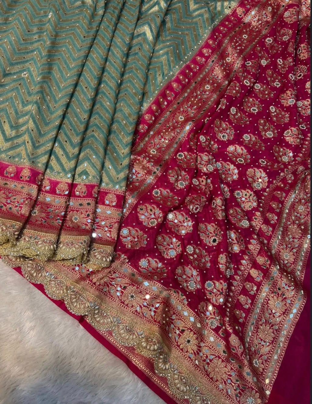 Banarasi Katan Georgette Silk Saree with Mirror, Beads & Designer Lace Work