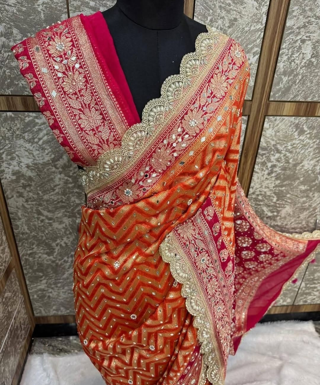 Banarasi Katan Georgette Silk Saree with Mirror, Beads & Designer Lace Work