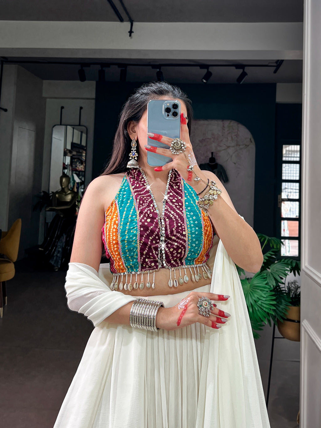 Navratri 2026 Embossed Lace Lehenga with Bandhani Mirror Work Blouse