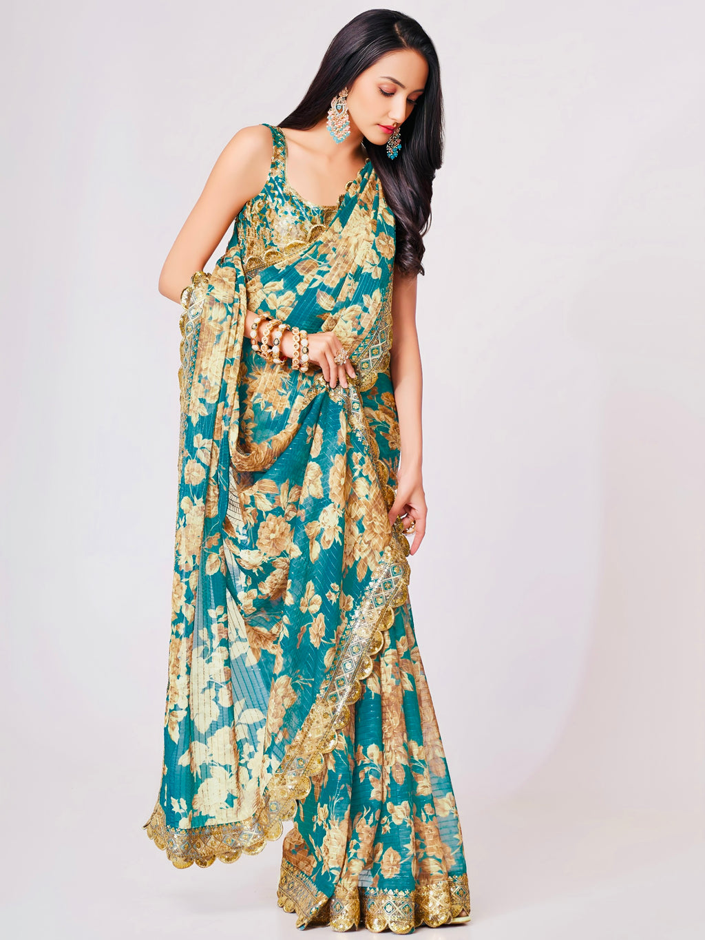 Teal Floral Elegance Saree