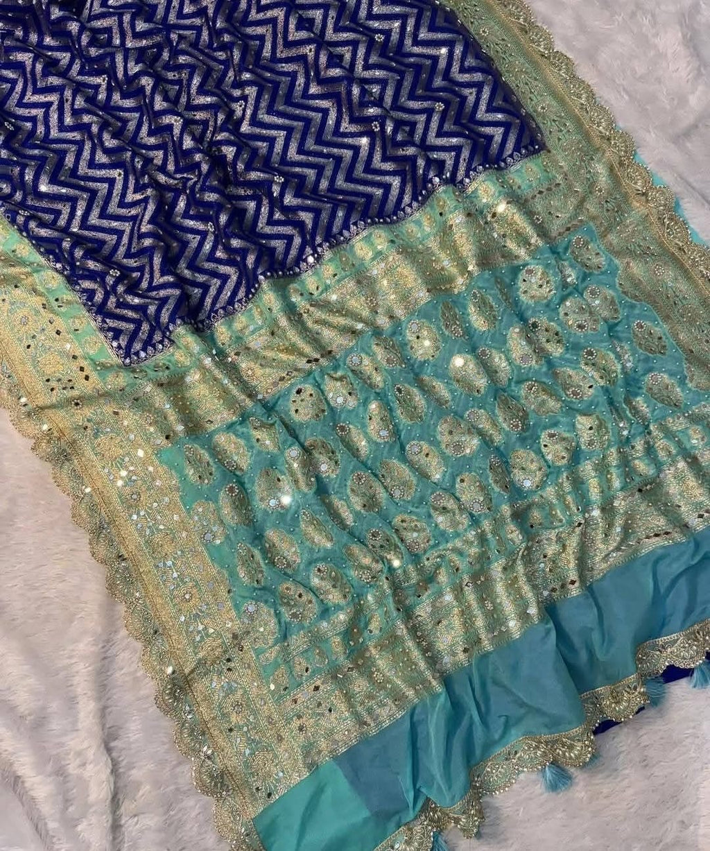 Banarasi Katan Georgette Silk Saree with Mirror, Beads & Designer Lace Work