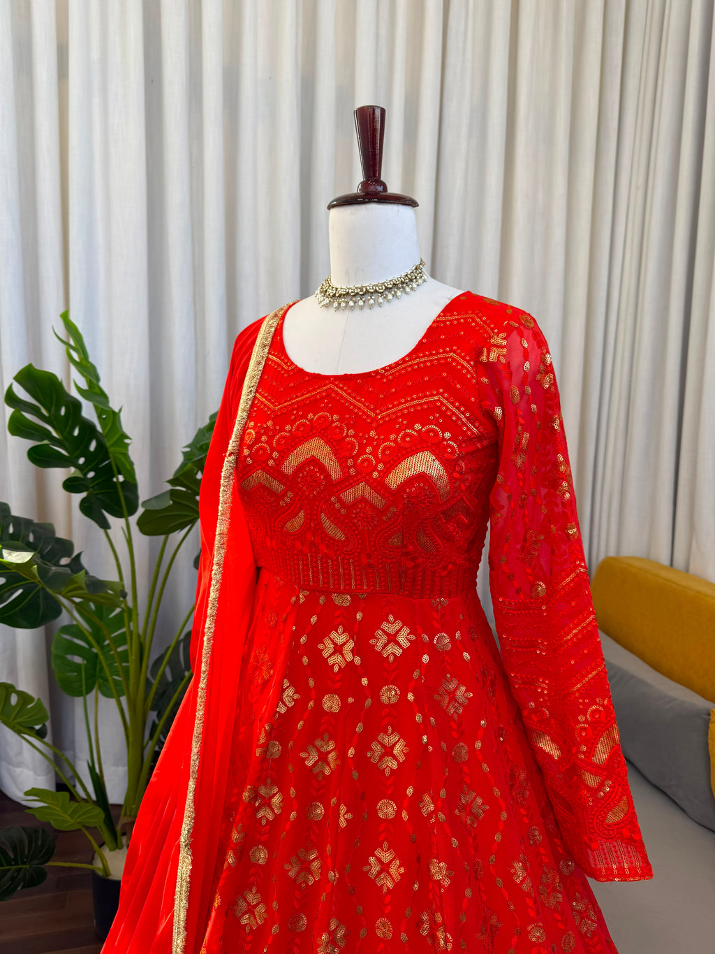 Thread & Sequin Work Gown, Pant & Dupatta Set