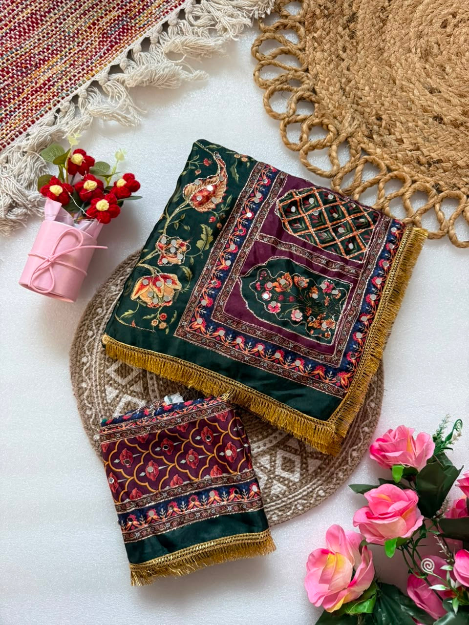 Pure Marshmellow Shiny Chinnon Silk Ajarakh Print Saree