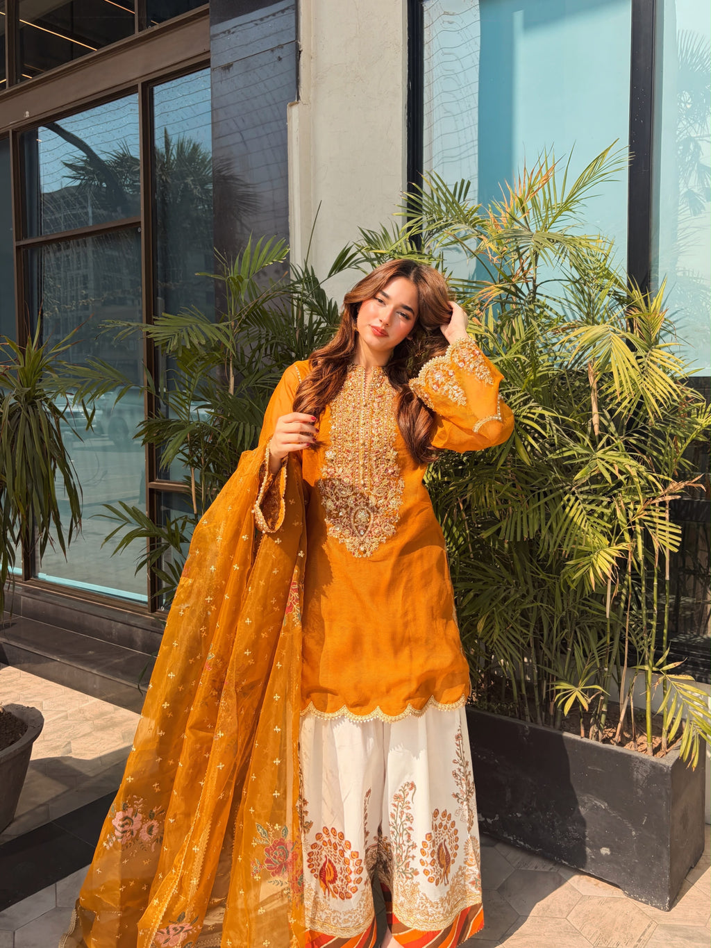 Organza Silk Embroidery Work Kurti, Palazzo & Dupatta Set