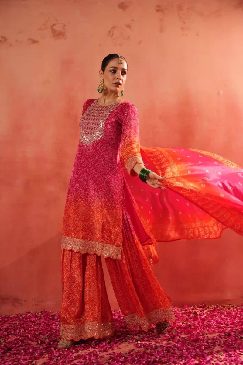 Festive & Party Wear Bandhej Print Top, Sharara & Dupatta Set