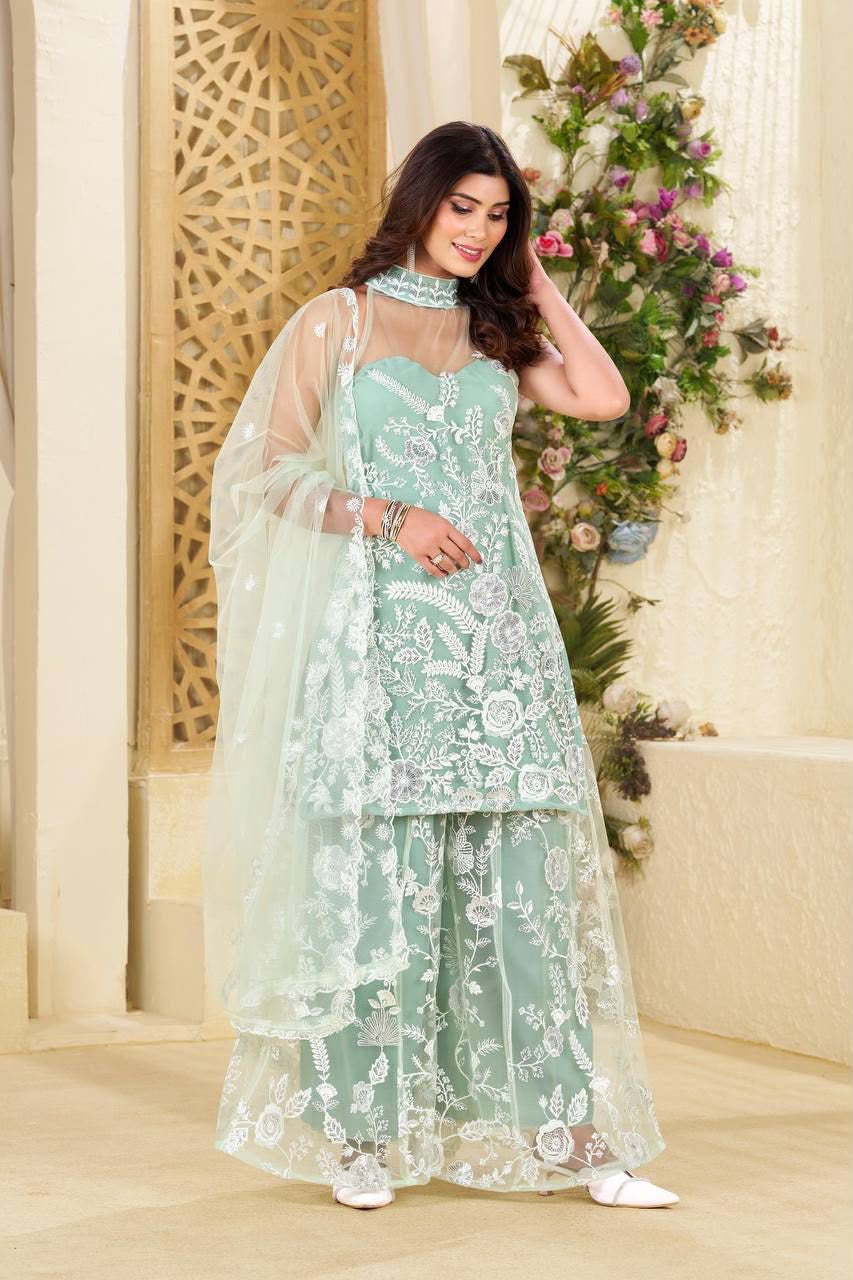 HALTER NECK KURTA AND PLAZZO SET WITH DUPATTA IN BUTTERFLY NET WITH SEQUENCE EMBROIDERY WORK
