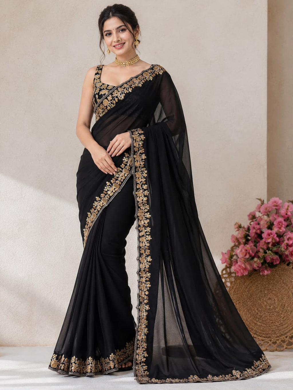 Pure Blooming Embroidery Work Saree