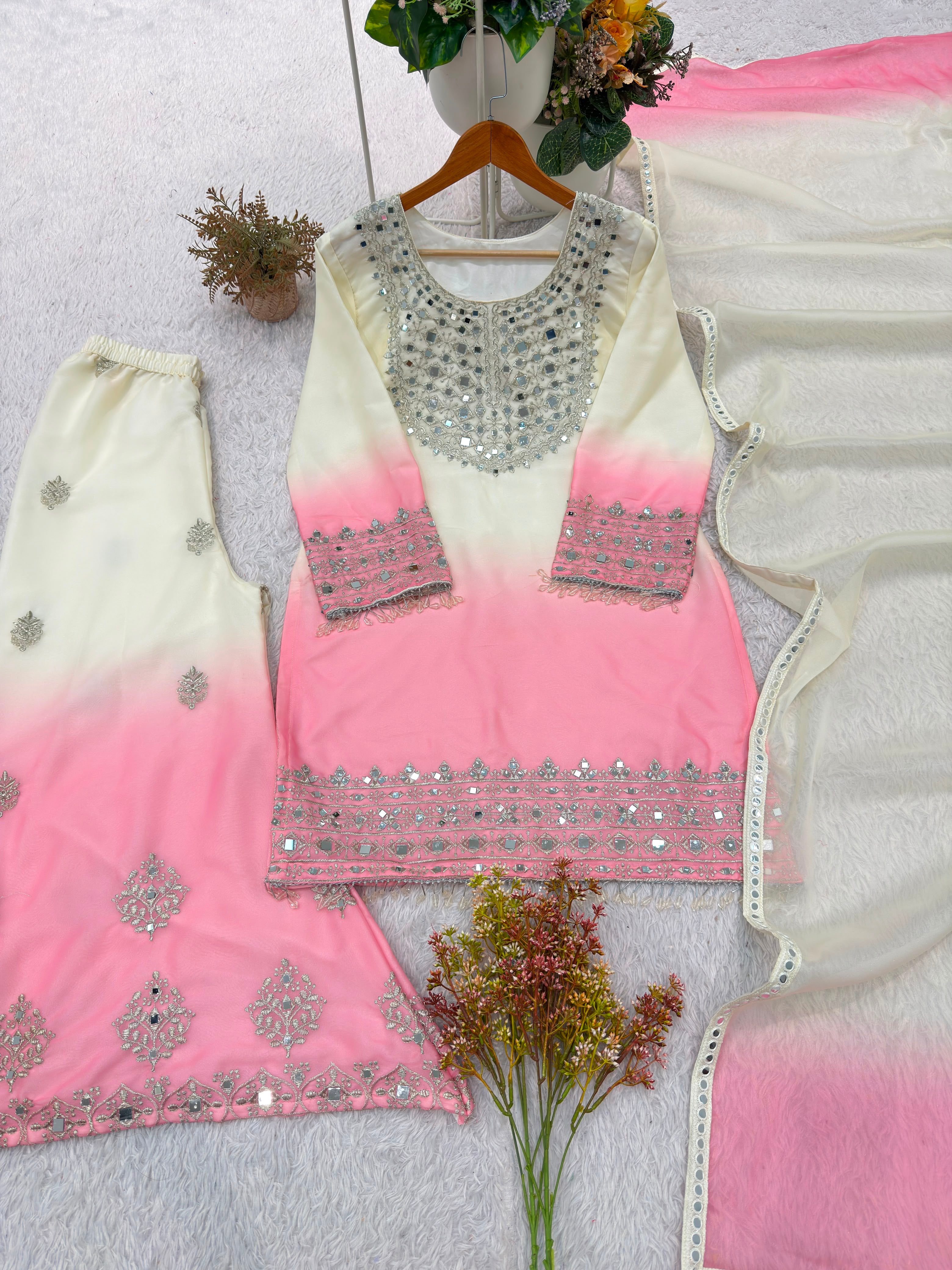 Real Mirror Embroidery Work Top, Palazzo & Dupatta Set