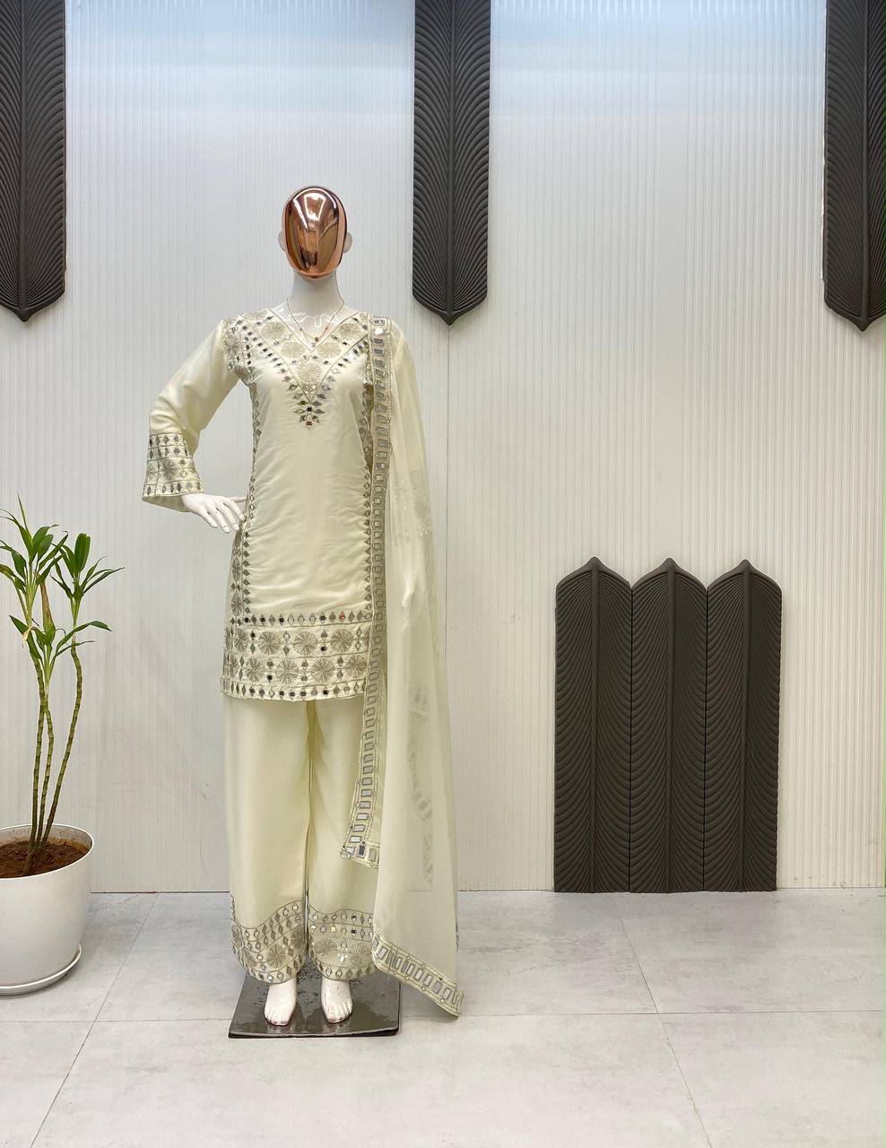 Embroidery & Real Mirror Work Top, Palazzo & Dupatta Set
