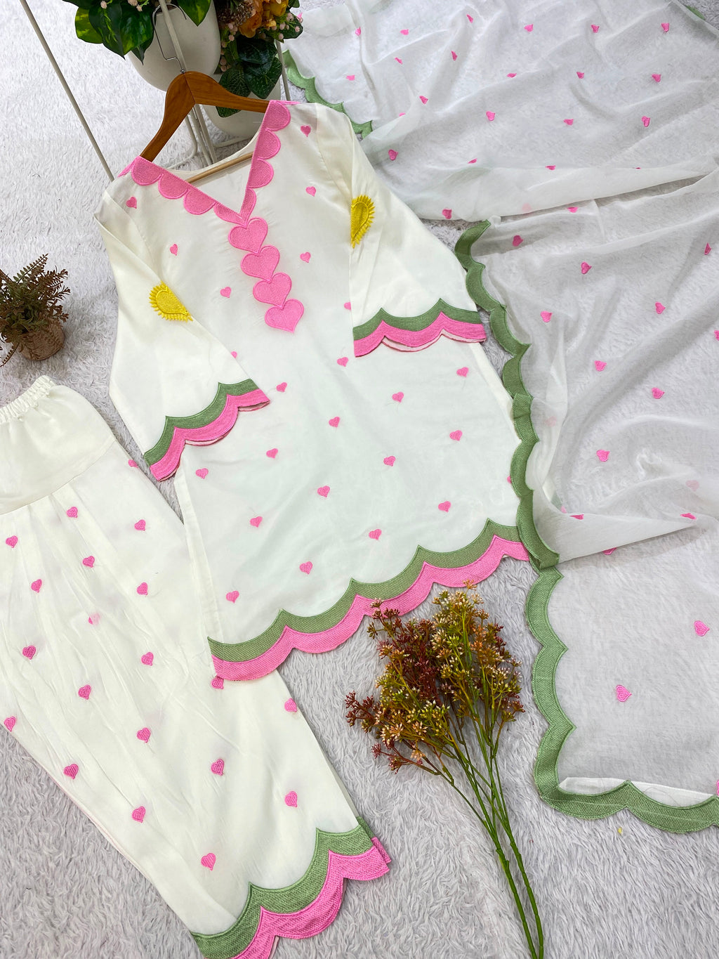 MUL CHANDERI EMBROIDERY WORK 3 piece set