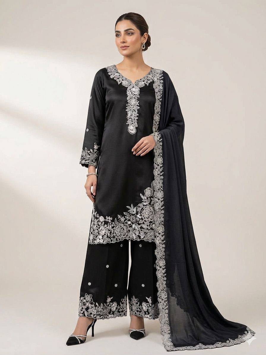 Sequin Embroidery Work Top, Palazzo & Dupatta Set