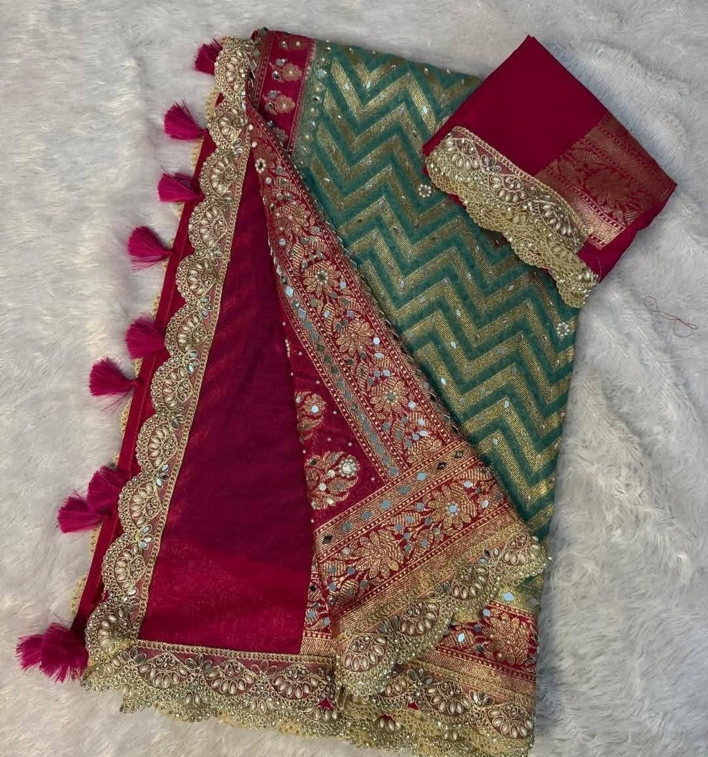 Banarasi Katan Georgette Silk Saree with Mirror, Beads & Designer Lace Work