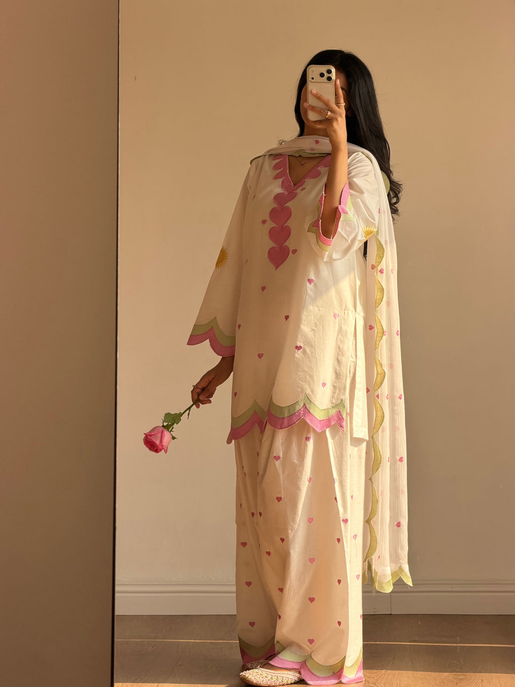 MUL CHANDERI EMBROIDERY WORK 3 piece set