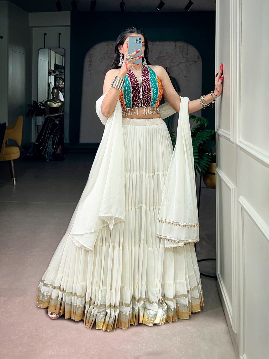 Navratri 2026 Embossed Lace Lehenga with Bandhani Mirror Work Blouse