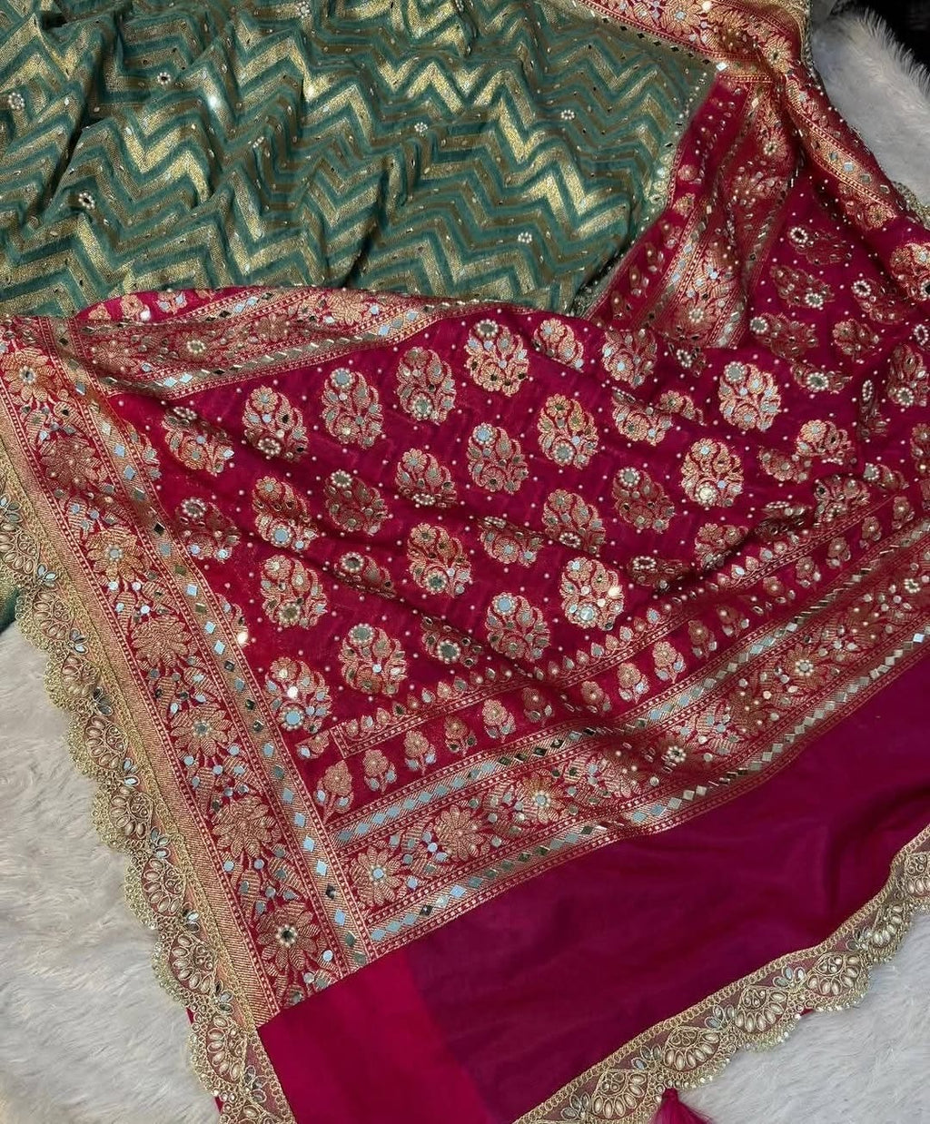 Banarasi Katan Georgette Silk Saree with Mirror, Beads & Designer Lace Work