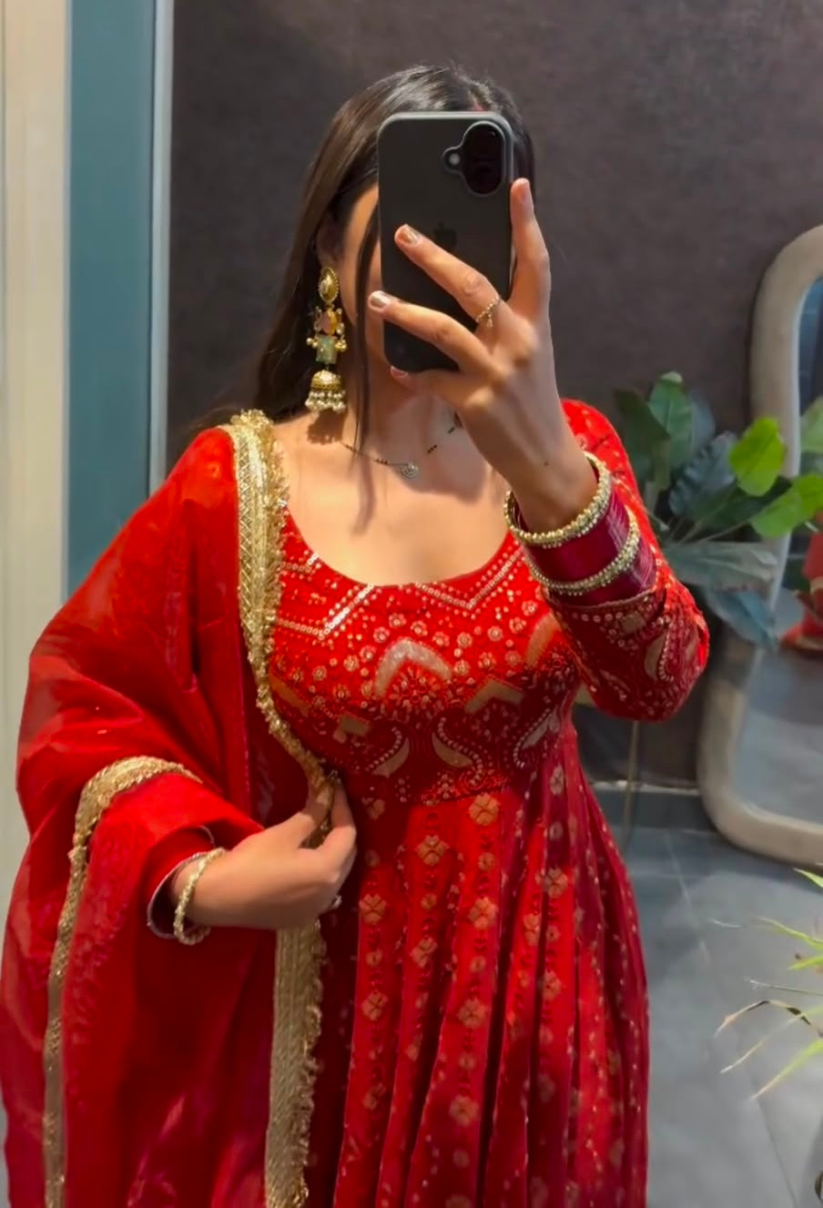 Thread & Sequin Work Gown, Pant & Dupatta Set