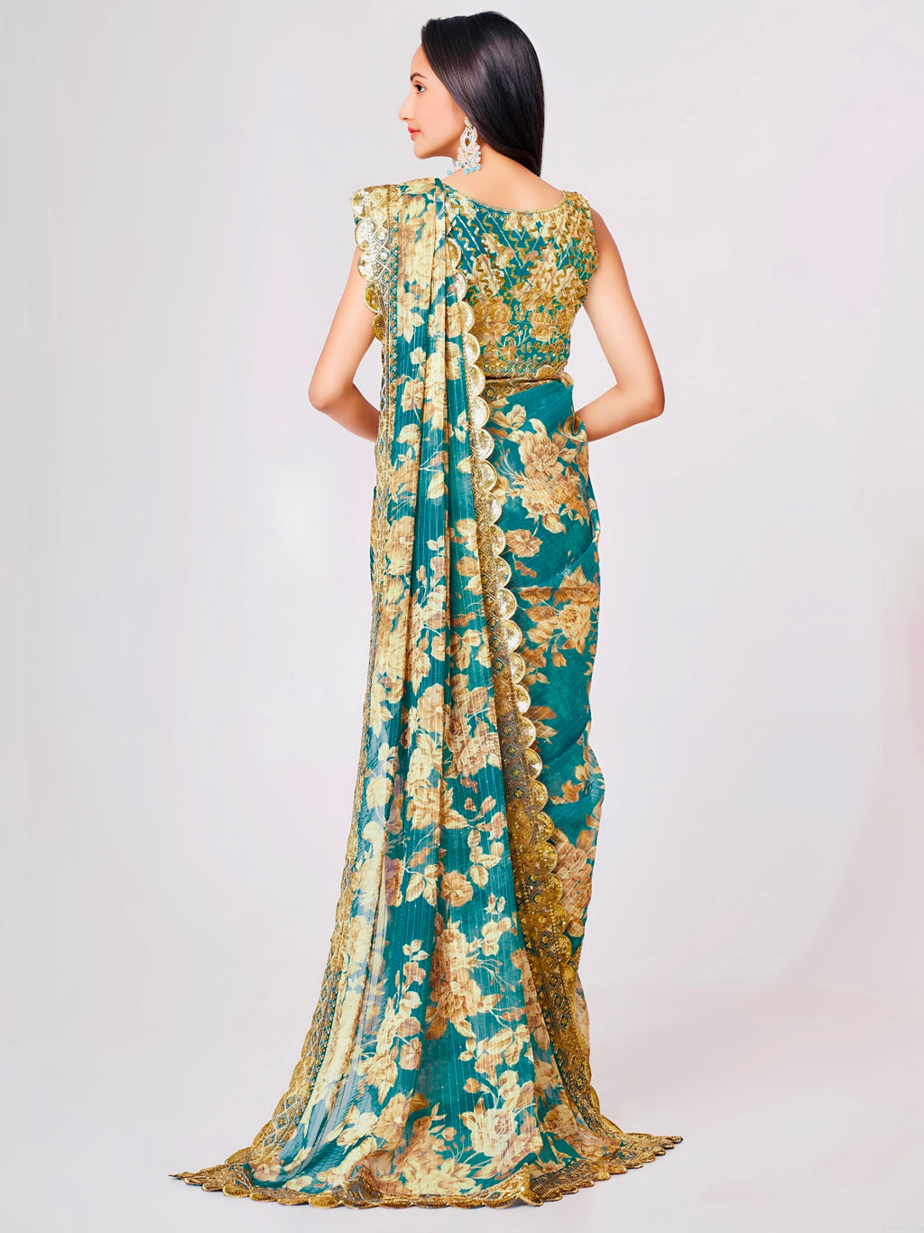 Teal Floral Elegance Saree