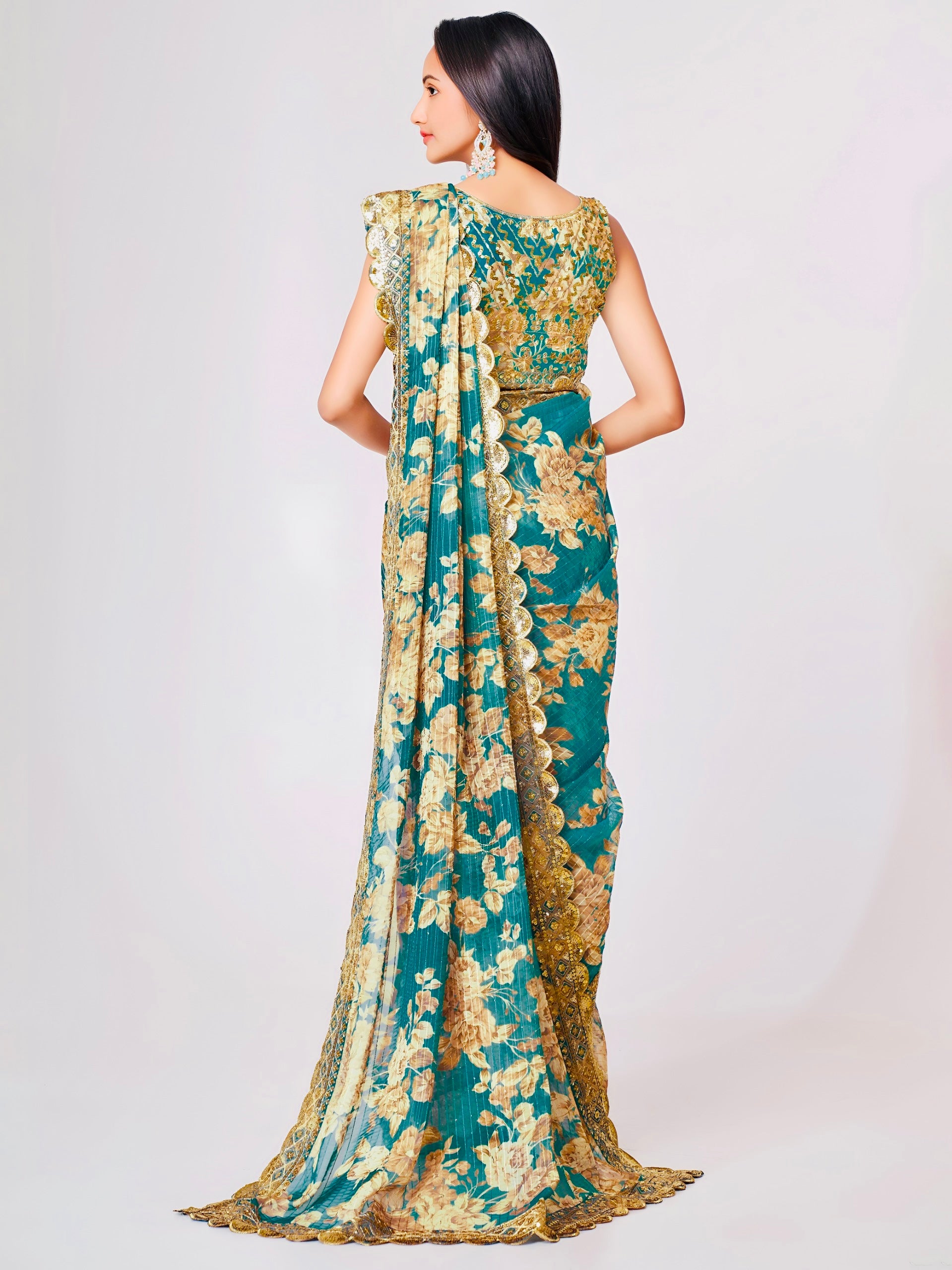 Teal Floral Elegance Saree