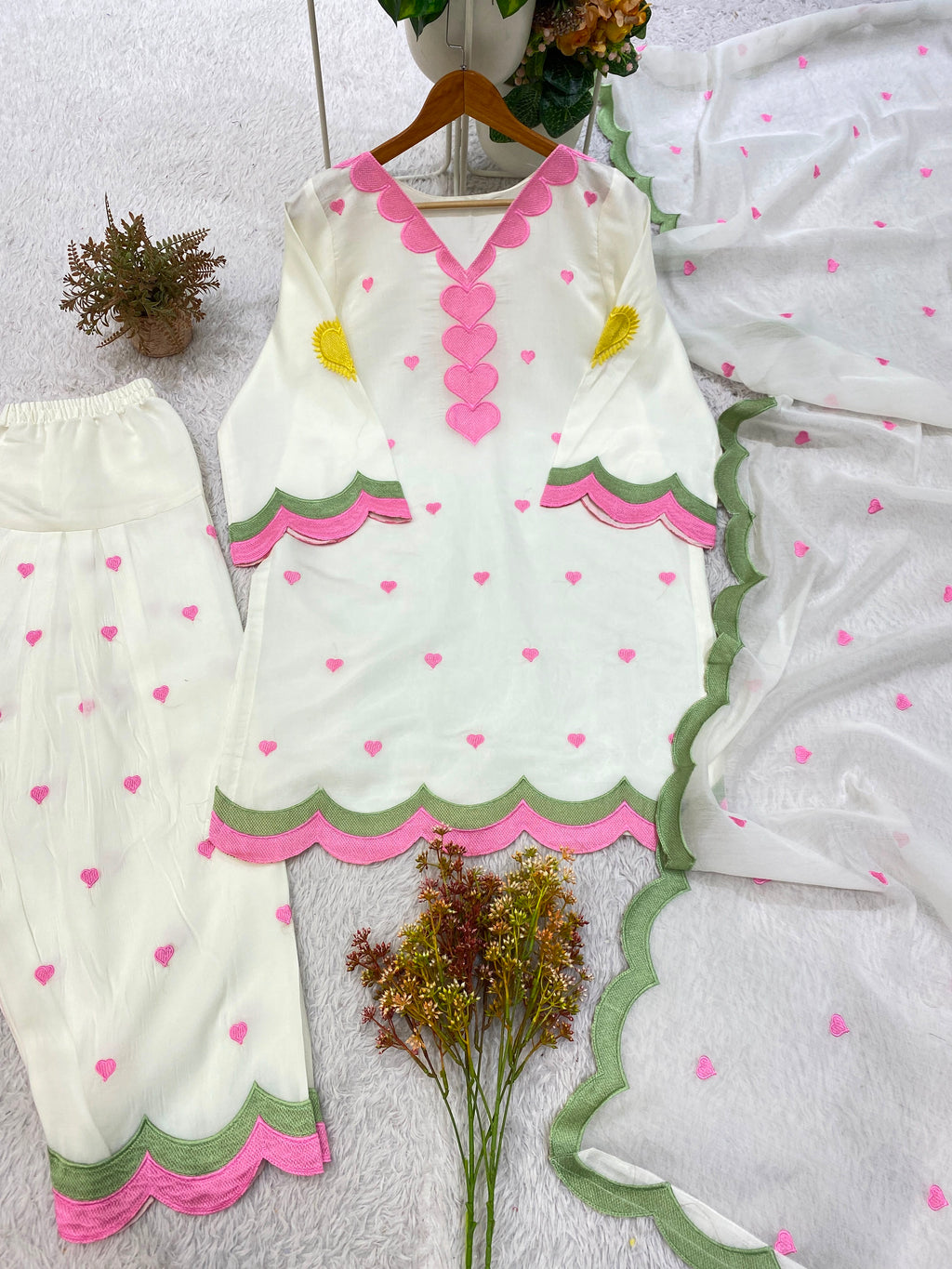 MUL CHANDERI EMBROIDERY WORK 3 piece set