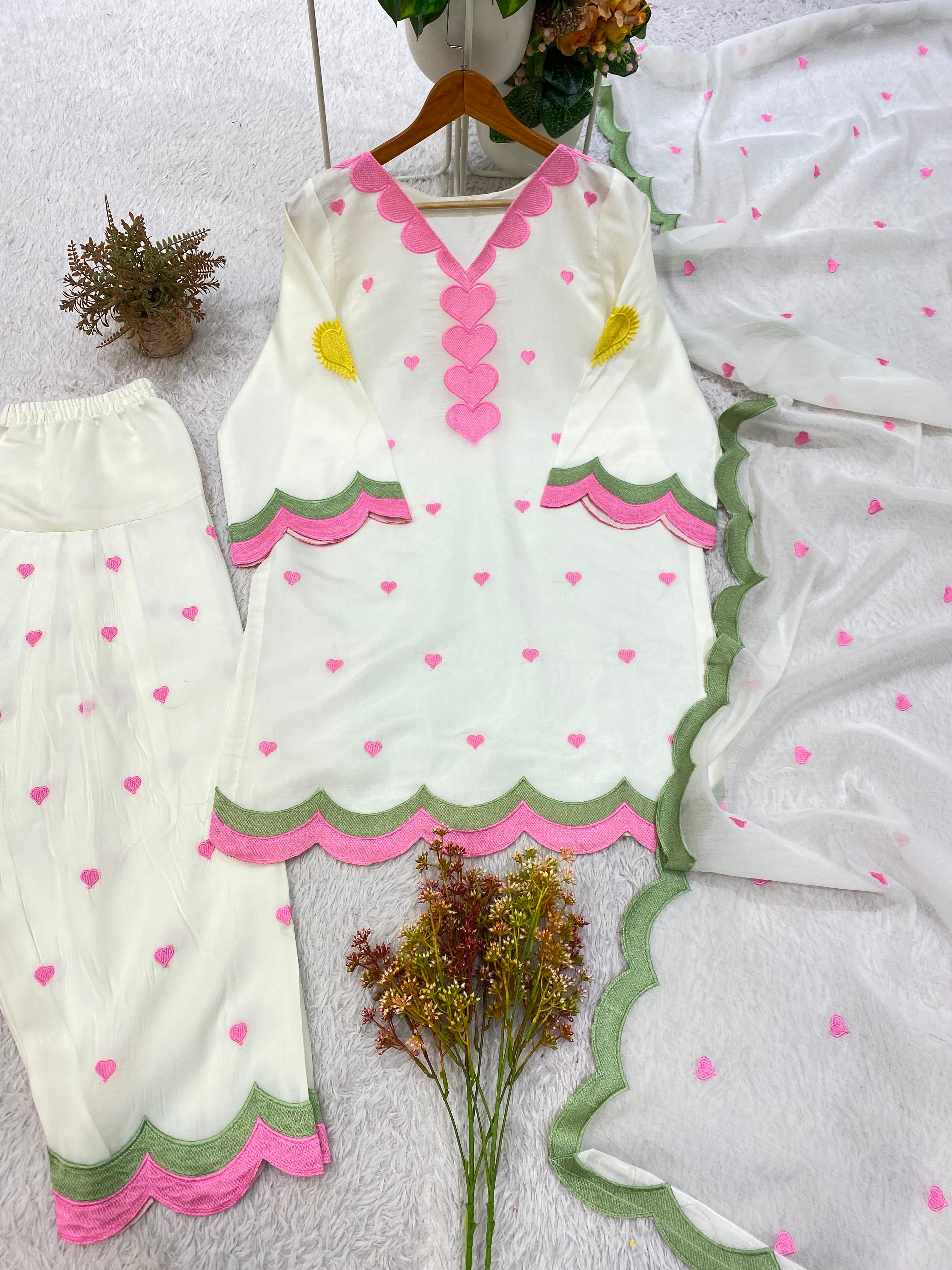 MUL CHANDERI EMBROIDERY WORK 3 piece set