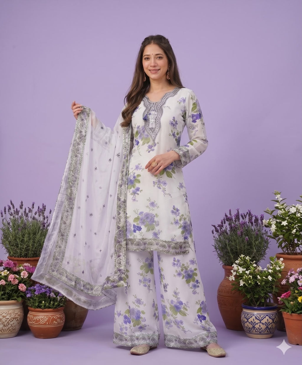 Embroidery & Fancy Lace Work Kurti, Palazzo & Dupatta Set