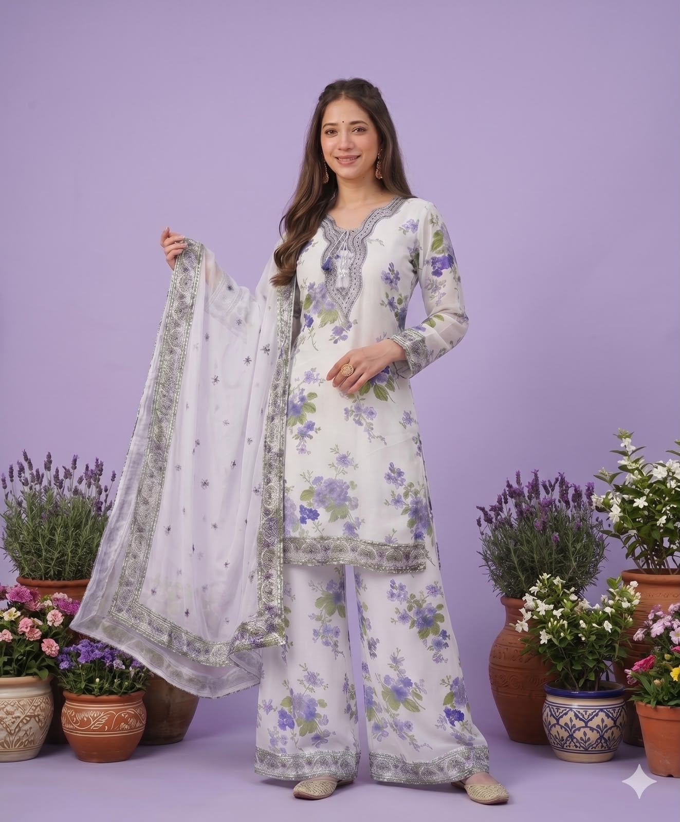 Embroidery & Fancy Lace Work Kurti, Palazzo & Dupatta Set