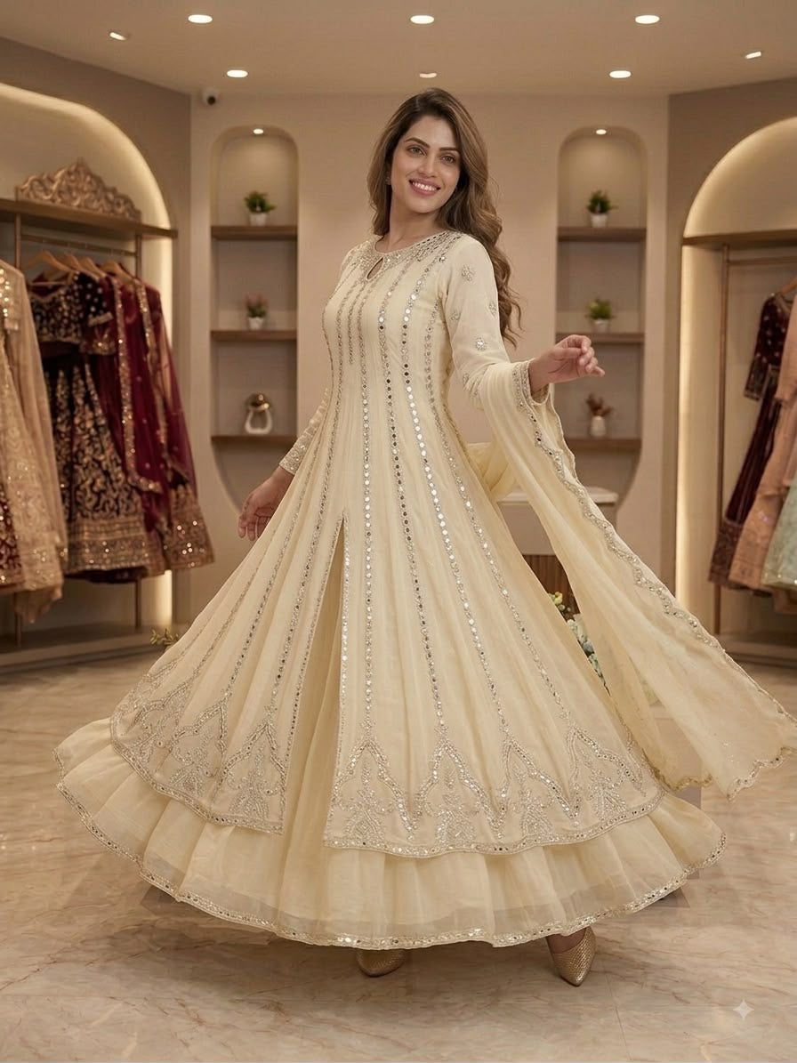 Gown, Lehenga & Dupatta Set with Sequence Embroidery & Real Mirror Work