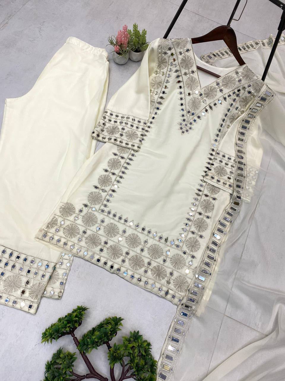 Embroidery & Real Mirror Work Top, Palazzo & Dupatta Set