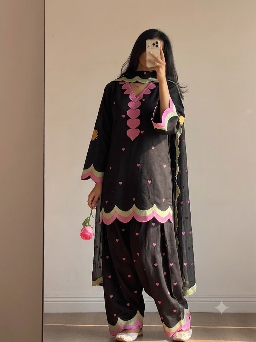 MUL CHANDERI EMBROIDERY WORK 3 piece set