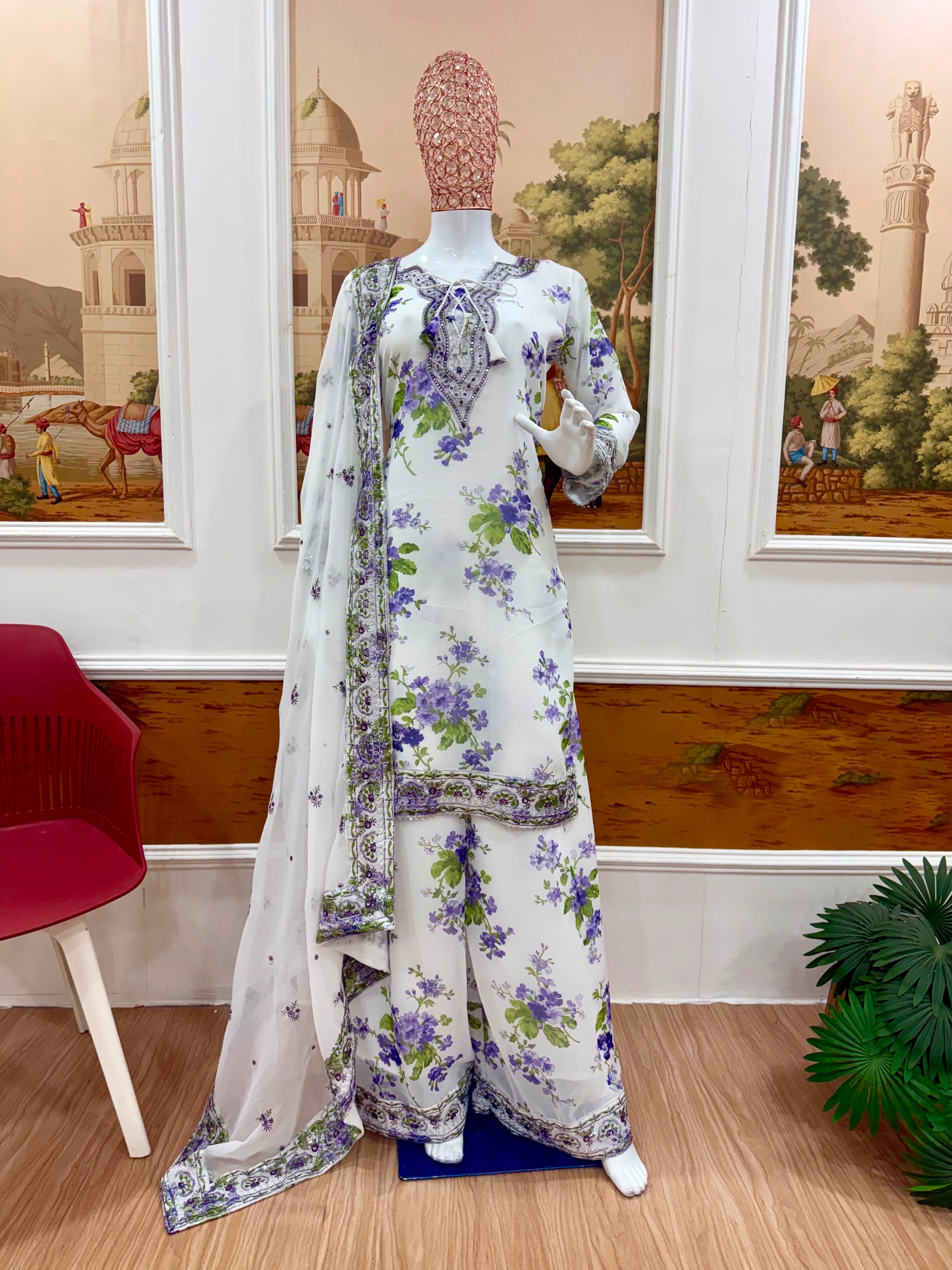 Embroidery & Fancy Lace Work Kurti, Palazzo & Dupatta Set