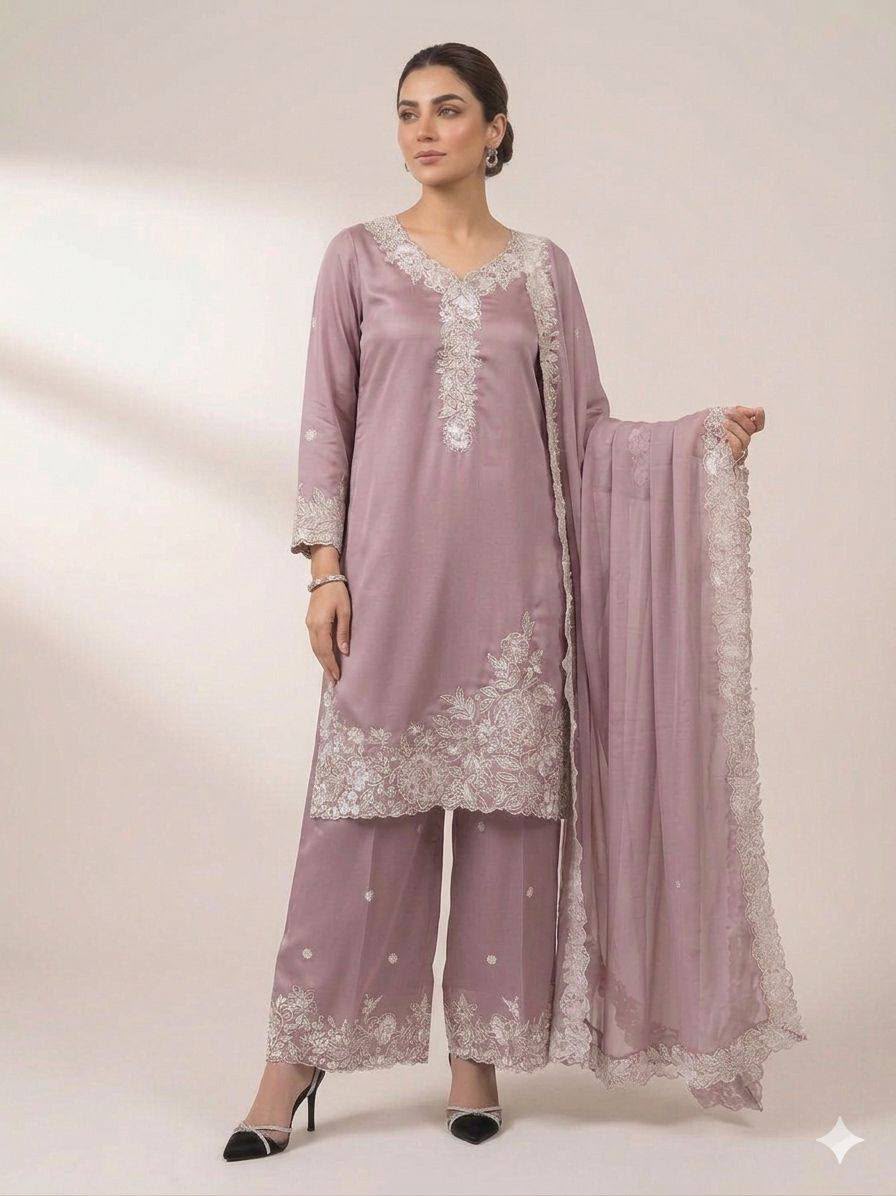 Sequin Embroidery Work Top, Palazzo & Dupatta Set