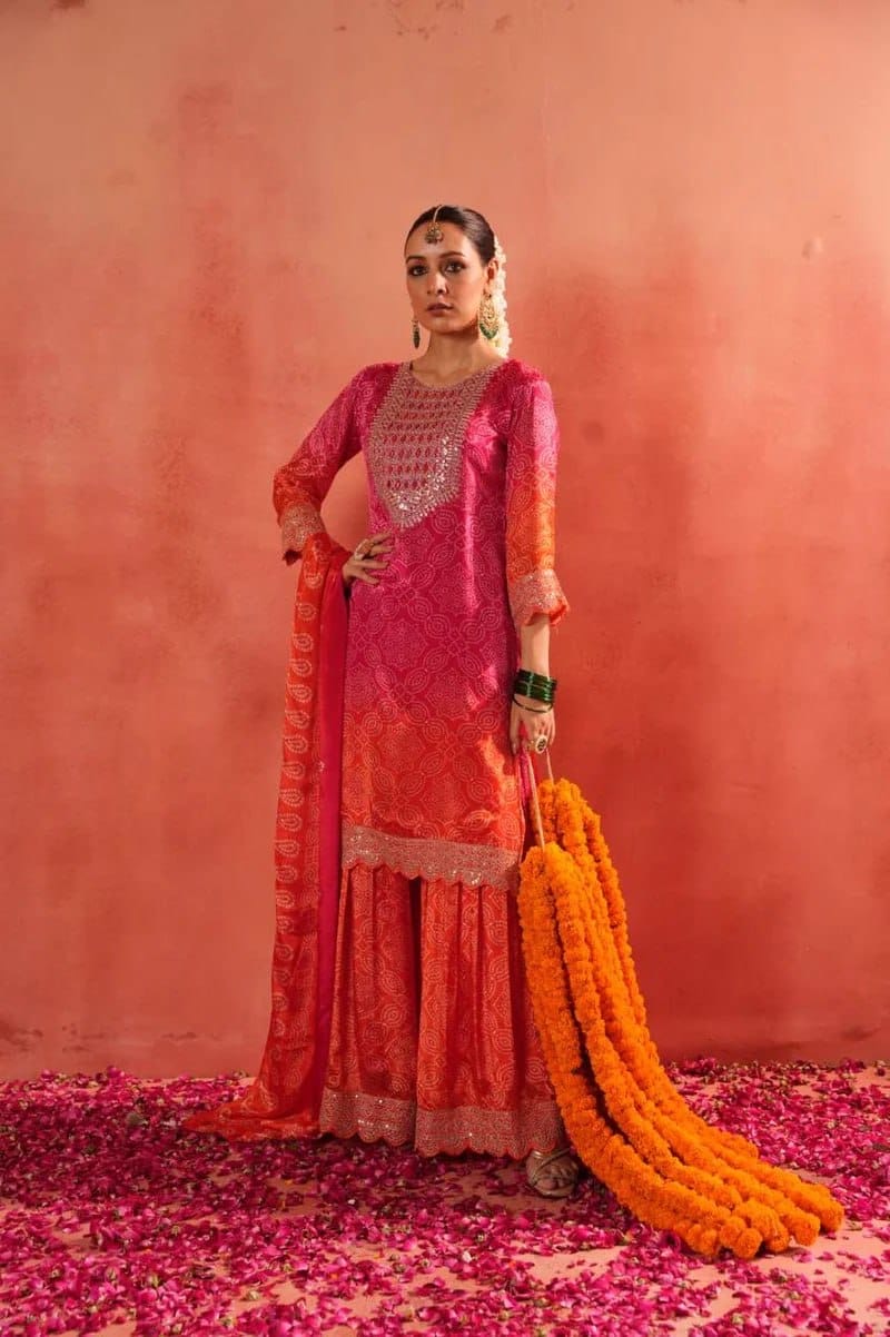 Festive & Party Wear Bandhej Print Top, Sharara & Dupatta Set