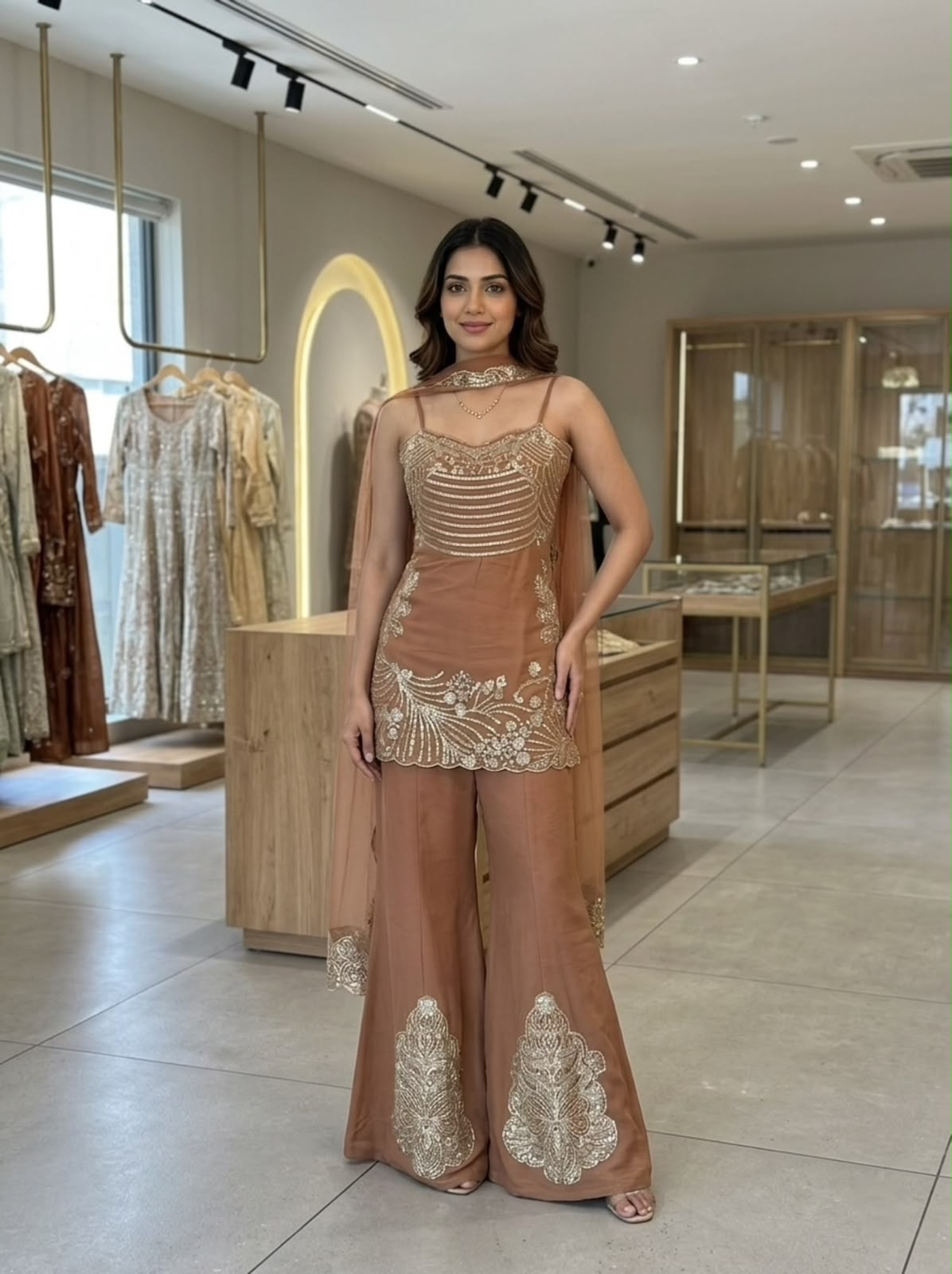 Sequence Embroidery & Jarkan Work Top, Palazzo & Belt Dupatta Set