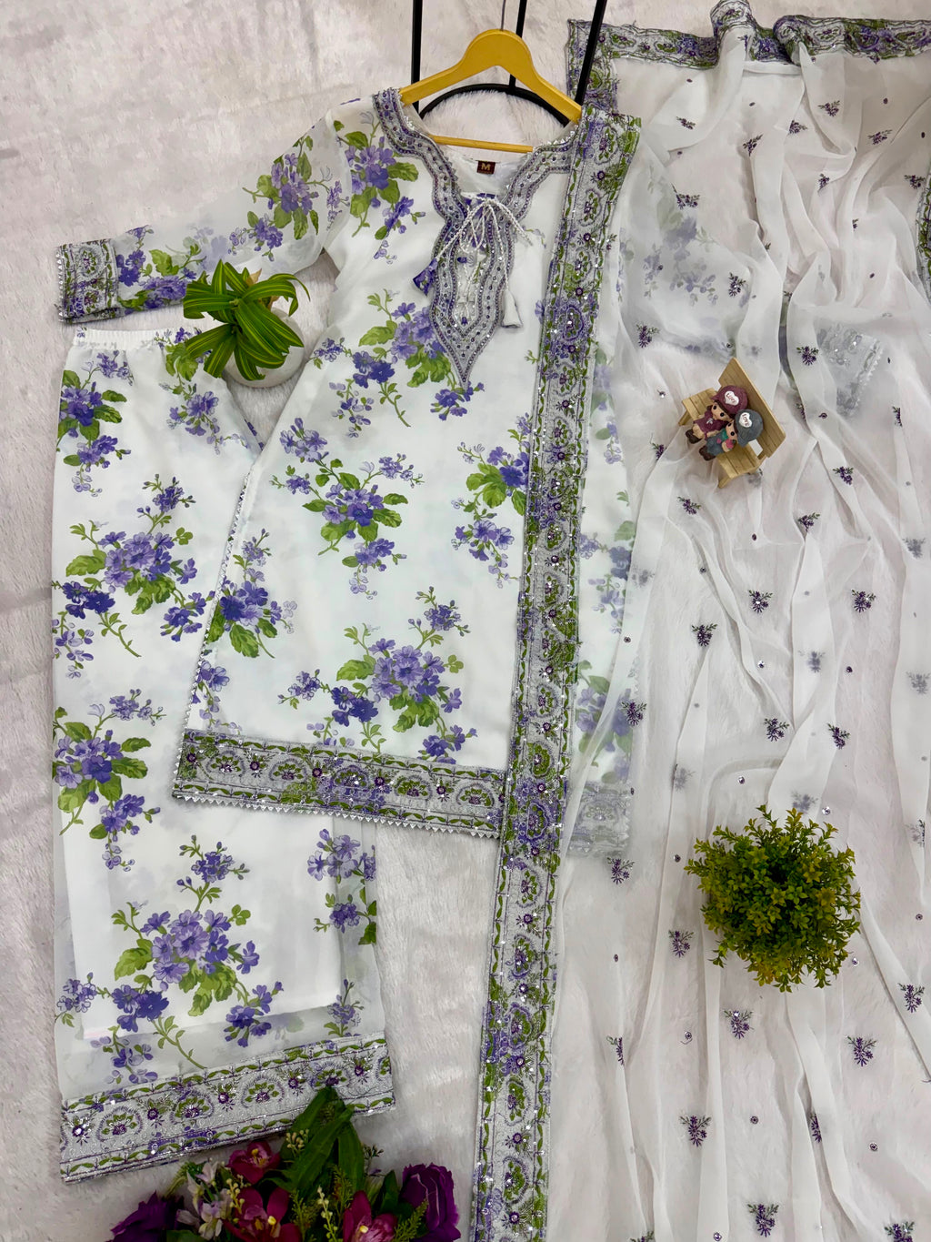 Embroidery & Fancy Lace Work Kurti, Palazzo & Dupatta Set