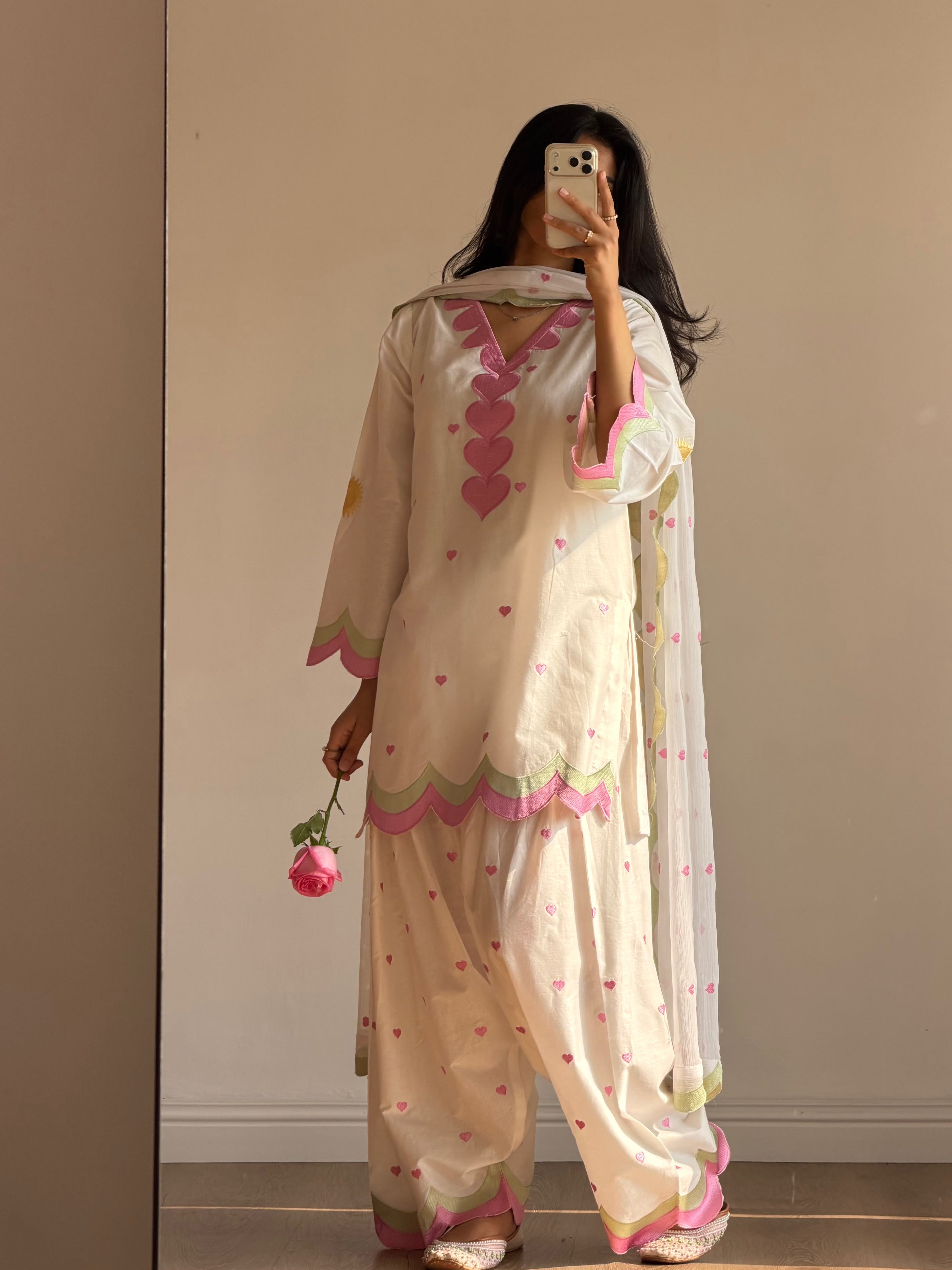 MUL CHANDERI EMBROIDERY WORK 3 piece set