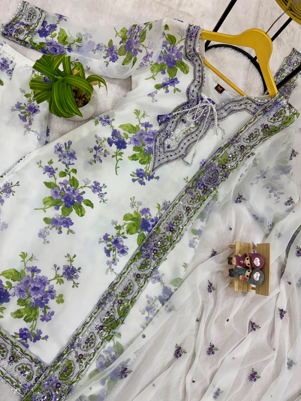 Embroidery & Fancy Lace Work Kurti, Palazzo & Dupatta Set