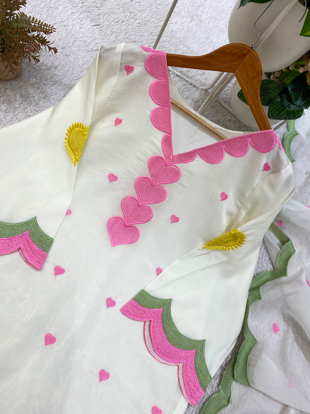 MUL CHANDERI EMBROIDERY WORK 3 piece set