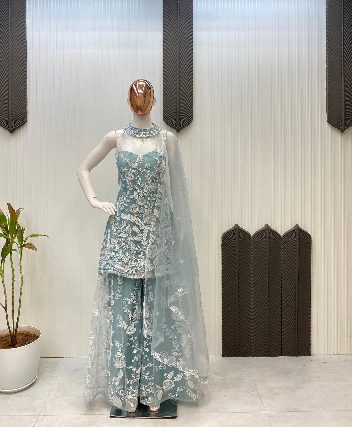 HALTER NECK KURTA AND PLAZZO SET WITH DUPATTA IN BUTTERFLY NET WITH SEQUENCE EMBROIDERY WORK