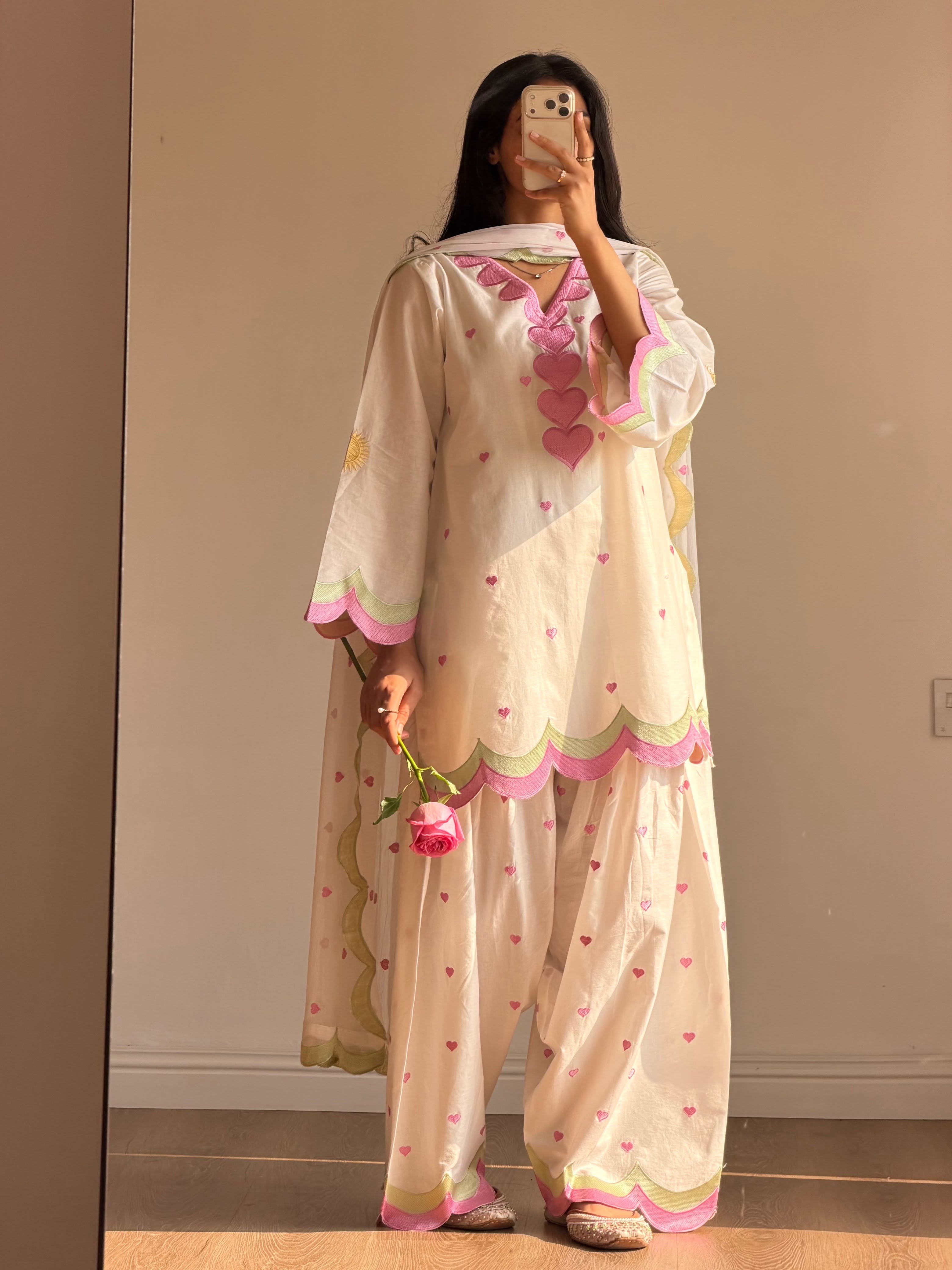 MUL CHANDERI EMBROIDERY WORK 3 piece set
